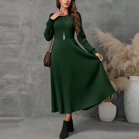 Cadancy Sweater Dresses for Women Long Sleeve Crewneck Ribbed Knit A Line Flowy Maxi Dress Cozy Dressy Casual Solid Color Fall Winter Outfits