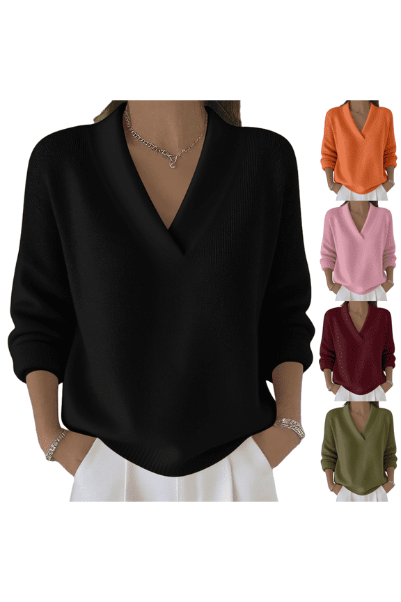 Sweater Tops for Women V Neck Long Sleeve Pullover Dressy Casual Knit Sweaters Plus Size Loose Solid Color Cozy Trendy Fall Winter Clothes