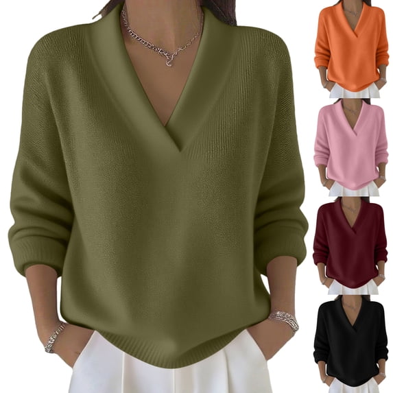 Cadancy Sweater Tops for Women V Neck Long Sleeve Pullover Dressy Casual Knit Sweaters Plus Size Loose Solid Color Cozy Trendy Fall Winter Clothes