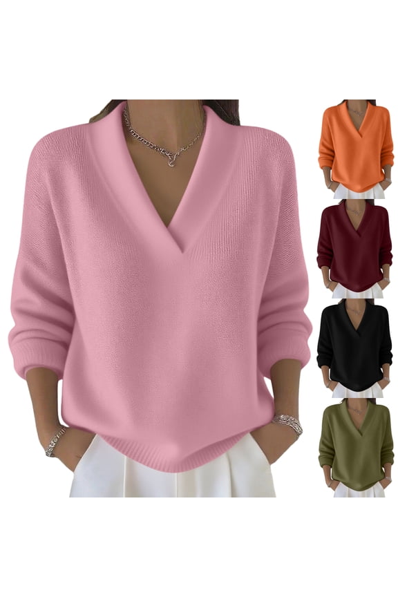 Sweater Tops for Women V Neck Long Sleeve Pullover Dressy Casual Knit Sweaters Plus Size Loose Solid Color Cozy Trendy Fall Winter Clothes