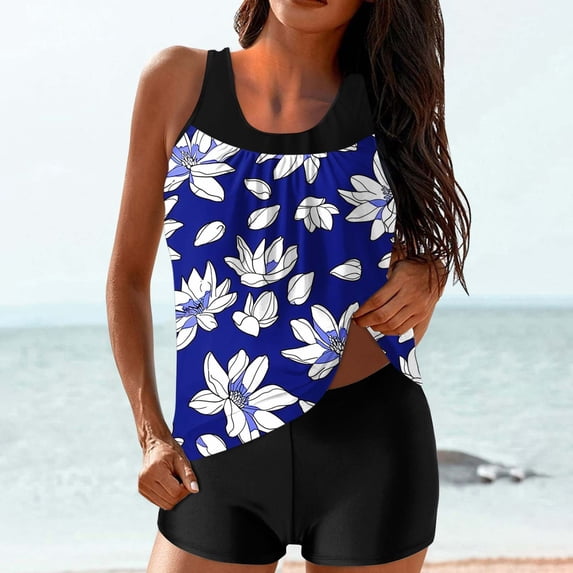 Cadancy Swimsuits for Women 2 Piece Tankini Tummy Control Blouson Tank Top with Boy Shorts Printed Bathing Suits Athletic Comfy Trendy Swimwear