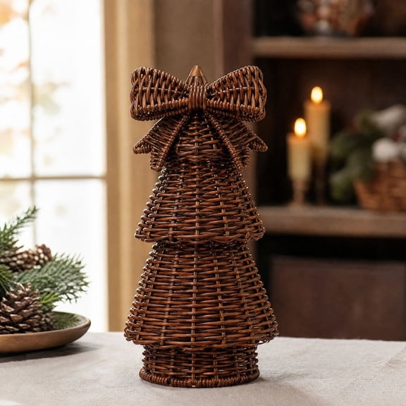 Cadancy Tabletop Christmas Tree Resin Figurine Woven Rattan Look Statue with Bow Topper for Mantel Shelf Coffee Table Rustic Farmhouse Decor Ornament Indoor Xmas Holiday Decoration