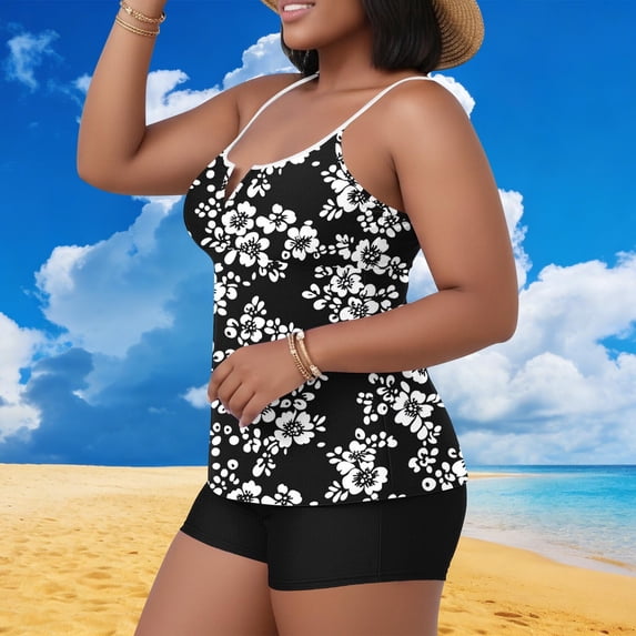 Cadancy Tankini Swimsuits for Women Plus Size 2 Piece Bathing Suit Hawaii Print Modest Tops with Boyshorts Athletic Sporty Tank Top Swimwear Set