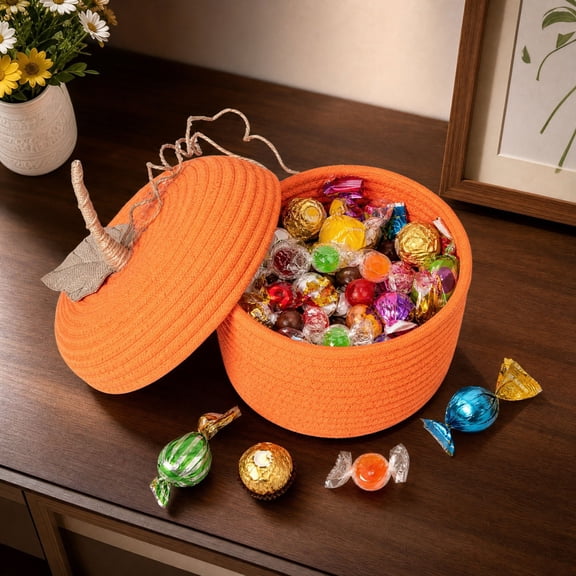 Cadancy Thanksgiving Decorations Pumpkin Woven Basket with Lid Candy Bowl Storage Container Rope Organizer Fall Decoration for Home Harvest Autumn Holiday Kitchen Tabletop Party Decor Gift