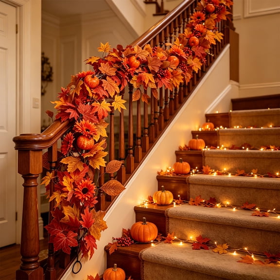 Cadancy Thanksgiving Garland Fall Decor Maple Leaf Pumpkin Sunflower Vine Mantel Staircase Railing Indoor Outdoor Harvest Autumn Accent Holiday Display Family Gathering Decoration