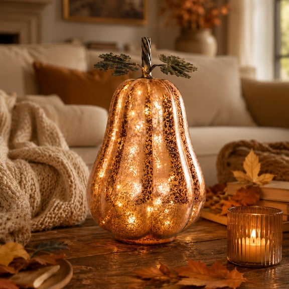 Cadancy Thanksgiving Glass Pumpkin Decor LED Light Fall Table Lamp Battery Operated Art Decorative Autumn Night Light Halloween Centerpiece Home Decoration