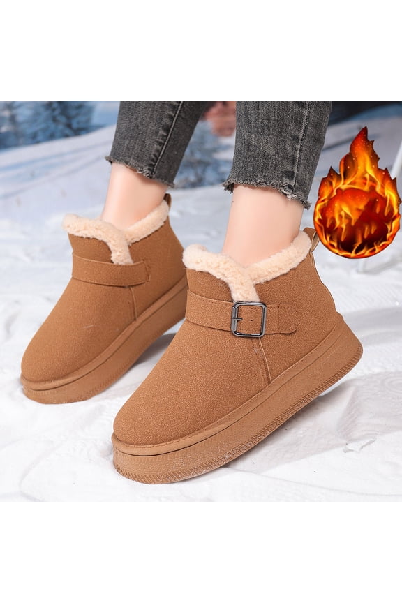 Thick Sole Mini Boots for Women Suede Winter Furry Lining Buckle Snow Shoes Outdoor Indoor Fuzzy Warm Anti-Slip Short Booties Fashion Classic Boot