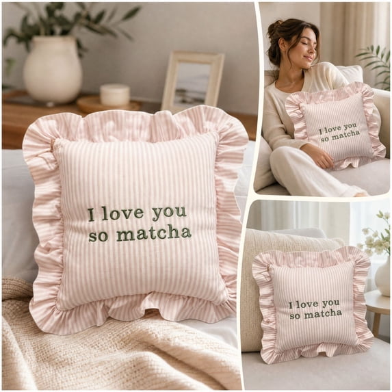 Clearence! Throw Pillow I Love You So Matcha Decorative Striped Pattern Ruffled Edge Embroidered Farmhouse Modern Home Decor for Couch Sofa Bed Living Room Bedroom Soft Cushion