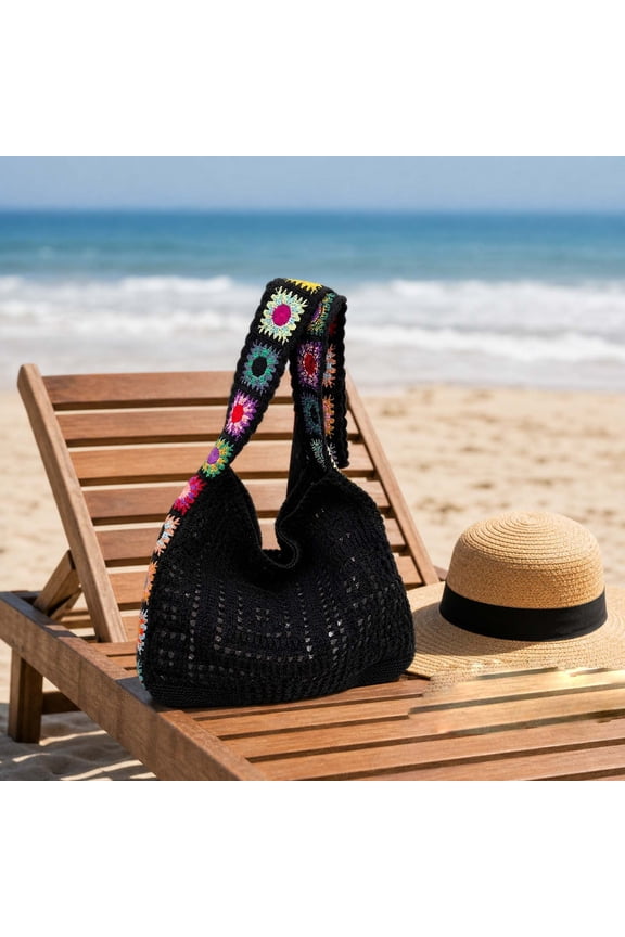 Tote Bag Handmade Crochet Colorful Floral Strap Shoulder Bag Boho Knitted Lightweight Summer Beach Vacation Purse for Women Daily Trendy Carry Handbag