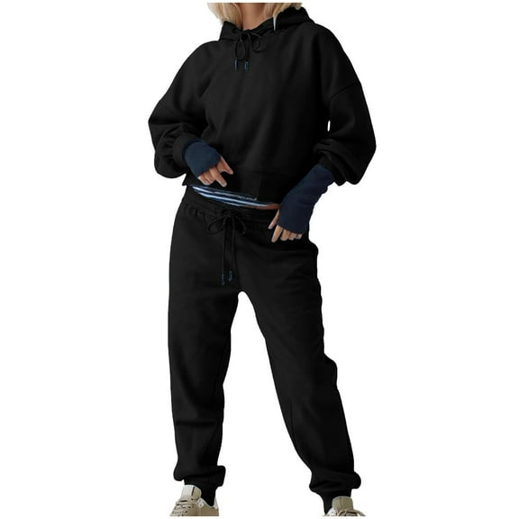 Cadancy Two Piece Athletic Sets for Women Cropped Long Sleeve Pullover Hoodies Drawstring Waist Joggers Sweatpants with Pockets Workout Lounge Tracksuit Loose Outfits 2025
