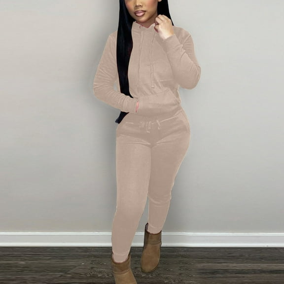Cadancy Two Piece Sets for Women Casual Long Sleeve Hooded Sweatshirts Drawstring Waisted Jogger Pants with Pockets Lounge Sweatsuit Solid Loose Fashion Tracksuit 2025