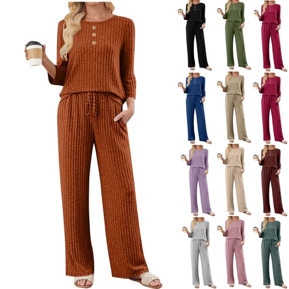 Cadancy Two Piece Sweater Sets for Women Ribbed Knit 3/4 Length Sleeve Crewneck Tops Drawstring Waist Wide Leg Pants with Pockets Comfy Sweaters Lounge Set Fall Sweatsuit 2025