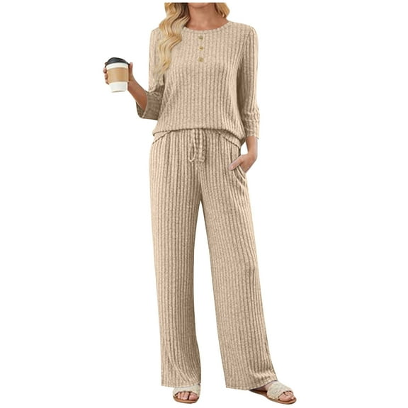 Cadancy Two Piece Sweater Sets for Women Ribbed Knit 3/4 Length Sleeve Crewneck Tops Drawstring Waist Wide Leg Pants with Pockets Comfy Sweaters Lounge Set Fall Sweatsuit 2025