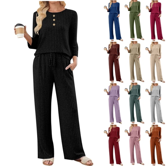 Cadancy Two Piece Sweater Sets for Women Ribbed Knit 3/4 Length Sleeve Crewneck Tops Drawstring Waist Wide Leg Pants with Pockets Comfy Sweaters Lounge Set Fall Sweatsuit 2025