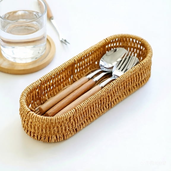 Cadancy Utensil Organizer Cutlery Storage Basket Woven Flatware Caddy Kitchen Dining Table Spoon Fork Holder Entryway Key Tray Wicker Bin Home Organization Decor for Countertop Desk Pantry Shelf