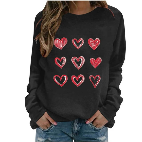 Cadancy Valentine Sweatshirts for Women Pullover Long Sleeve Shirts Heart Printed Cute Crew Neck Casual Tops Oversized Fashion Outfits