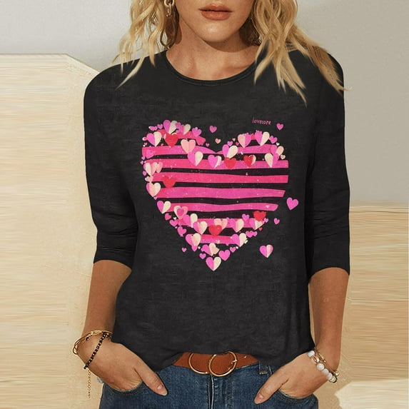 Cadancy Valentine's Shirts for Women 3/4 Sleeve Heart Print Vintage Tunic Tops Crewneck Loose Casual Cute Tees Fashion Valentines Day Outfits