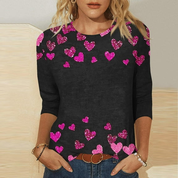 Cadancy Valentine's Shirts for Women 3/4 Sleeve Heart Print Vintage Tunic Tops Crewneck Loose Casual Cute Tees Fashion Valentines Day Outfits