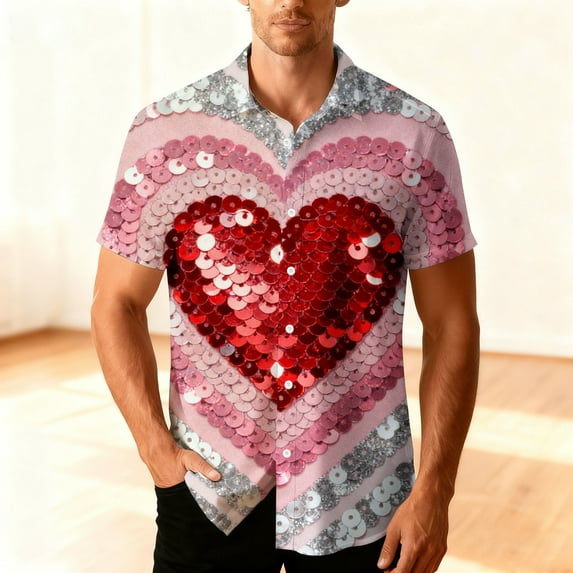 Cadancy Valentines Day Shirt Men Funny Heart Graphic Short Sleeve Button Down Hawaiian Shirts Holiday Vacation Comfortable Loose Casual Tshirt