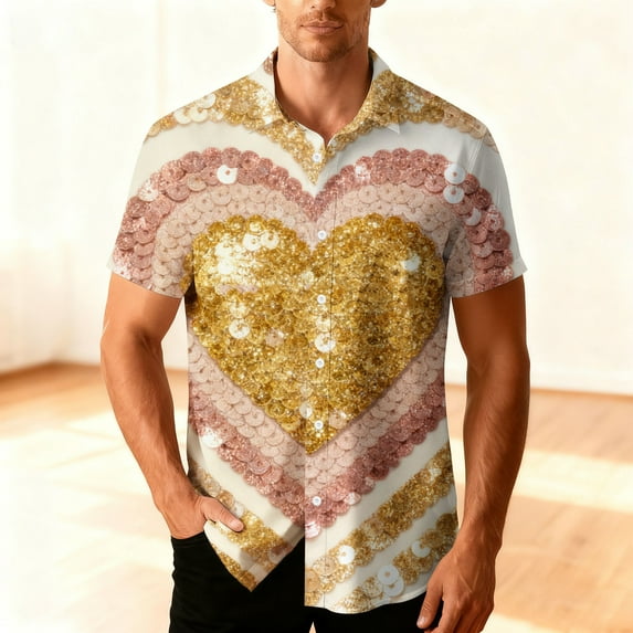 Cadancy Valentines Day Shirt Men Funny Heart Graphic Short Sleeve Button Down Hawaiian Shirts Holiday Vacation Comfortable Loose Casual Tshirt