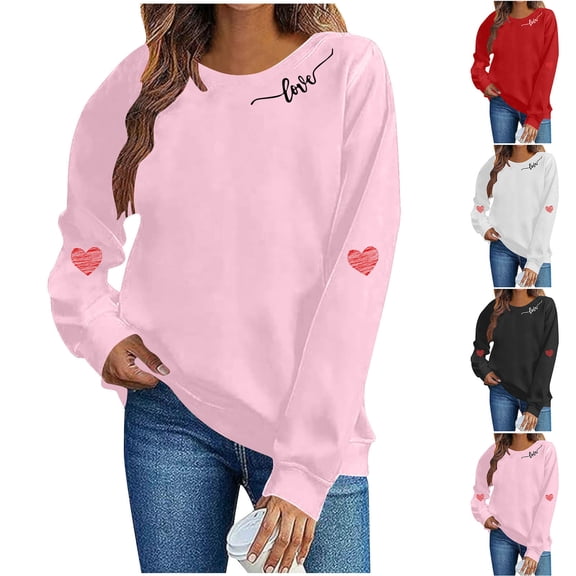 Cadancy Valentines Day Shirts Women Trendy Holiday Cute Heart Graphic Tee Crew Neck Long Sleeve Loose Tops Pullover Casual Sweatshirts