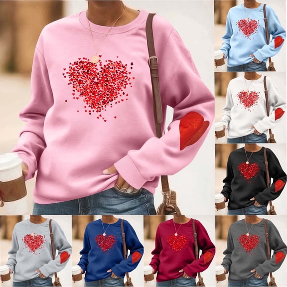 Cadancy Valentines Day Sweatshirts for Women Casual Cute Heart Print Crew Neck Sweatshirt Long Sleeve Pullover Trendy Shirts Holiday Loose Fit Tops