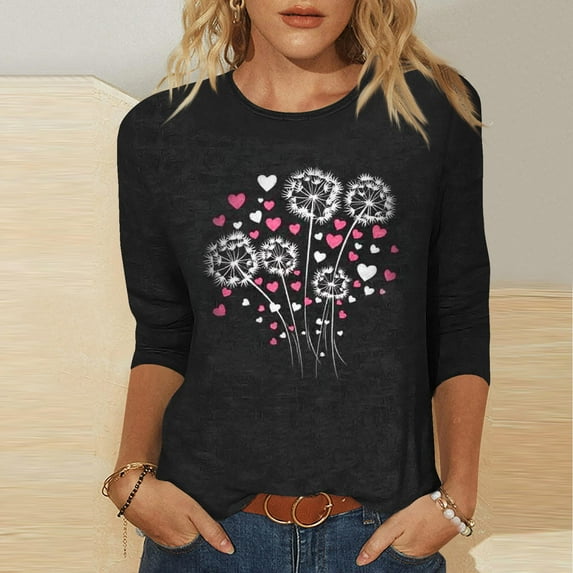 Cadancy Valentines Womens Tops Love Heart Graphic 3/4 Sleeve Crew Neck Tunic Blouses Pullover Cute Funny Casual Loose Tee Shirts Trendy Vintage Outfits