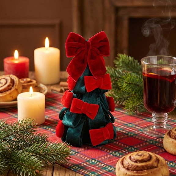 Cadancy Velvet Bow Christmas Tree Tabletop Decoration Mini Xmas Tree with Red Bows Green Ribbon Tiered Tray Decor for Holiday Party Mantle Shelf Centerpiece Indoor Home Decor