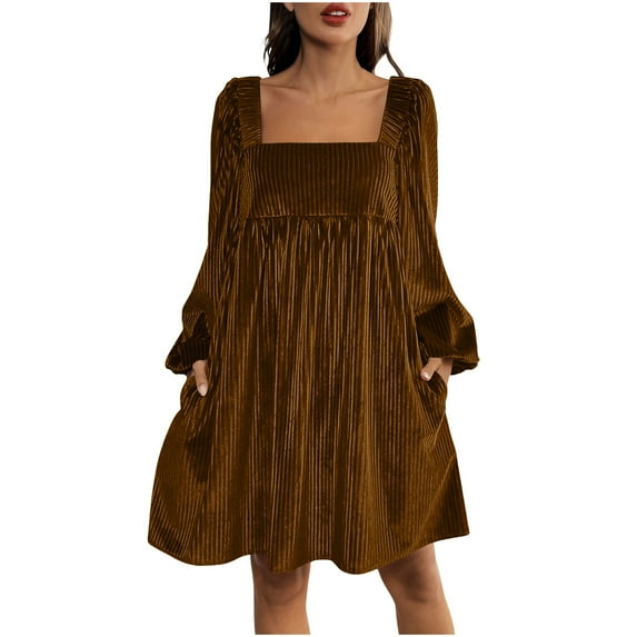 Cadancy Velvet Dress for Women Square Neck Tie Back Puff Long Sleeve Mini Babydoll Dresses Flowy A Line Cute Dressy Casual Holiday Party Clothes