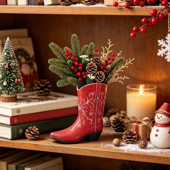 Cadancy Vintage Vase Cowboy Boot Shaped Tabletop Planter for Artificial Flowers Succulents Farmhouse Decor Home Living Room Mantle Shelf Western Rustic Style Decoration Gift