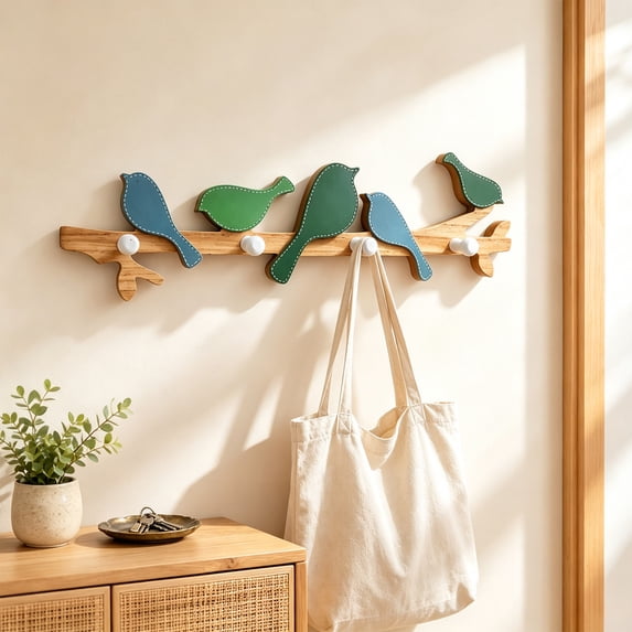 Cadancy Wall Hooks Decorative Bird Branch Coat Rack Wooden Entryway Organizer Nursery Hanger Towel Scarf Key Holder Rustic Home Decor Bedroom Bathroom Kitchen Mounted Storage Rack