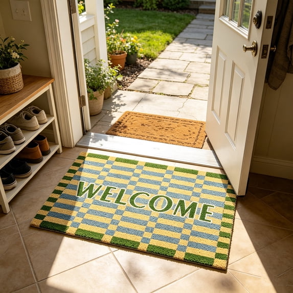 Cadancy Welcome Mat Outdoor Indoor Checkered Front Door Rug Non Slip Dirt Trapper Carpet Low Profile Easy Clean Durable for Porch Patio Garage Laundry Room Kitchen Home Decor