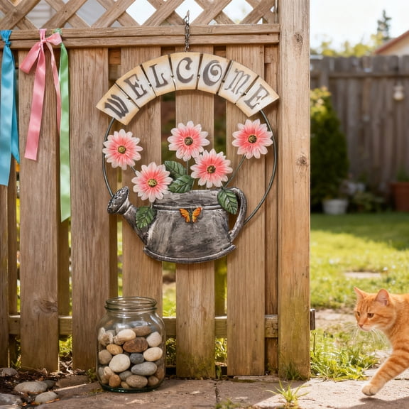 Cadancy Welcome Sign Watering Can Wall Decor for Garden Fence, Creative Metal Hanging Plaque with Flower Design, Rustic Outdoor Porch Patio Gate Home Entrance Decoration Housewarming Gift