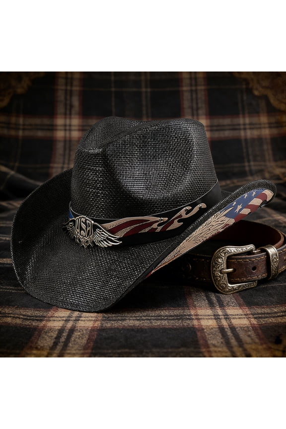 Western Cowboy Straw Hat with Eagle Band, Wide Brim Sun Protection Headwear, Classic Rodeo Style Cap, Breathable Summer Accessory for Country Concert Horse Riding Travel