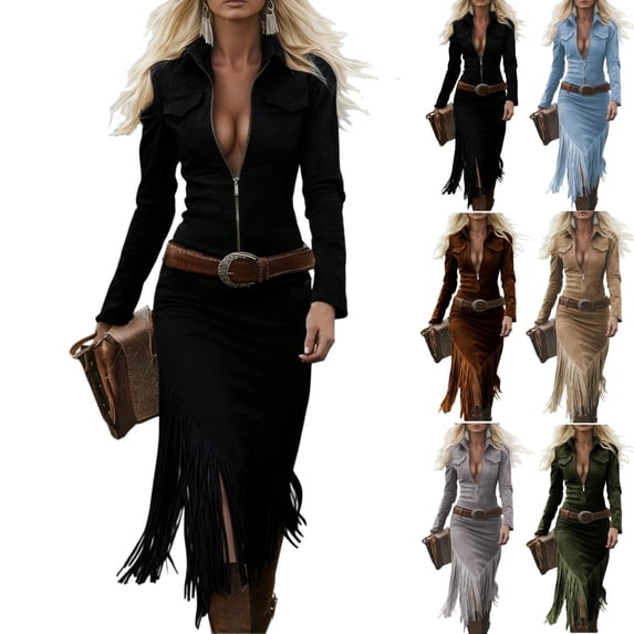 Cadancy Western Dress for Women Cowgirl Vintage Boho Suede Long Sleeve Zip Up Lapel Slim Fit Tassel Midi Dresses Trendy Dressy Formal Outfits