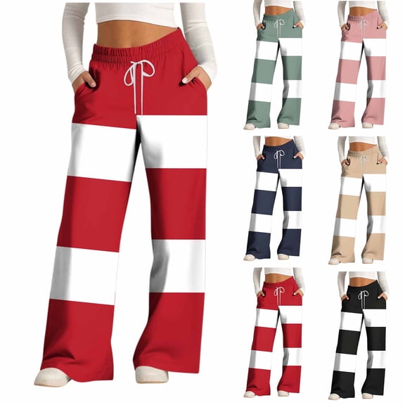 Cadancy Wide Leg Sweatpants Women Color Block Striped Trendy Baggy Pants Drawstring Waisted Streetwear Casual Y2K Fashion Trousers