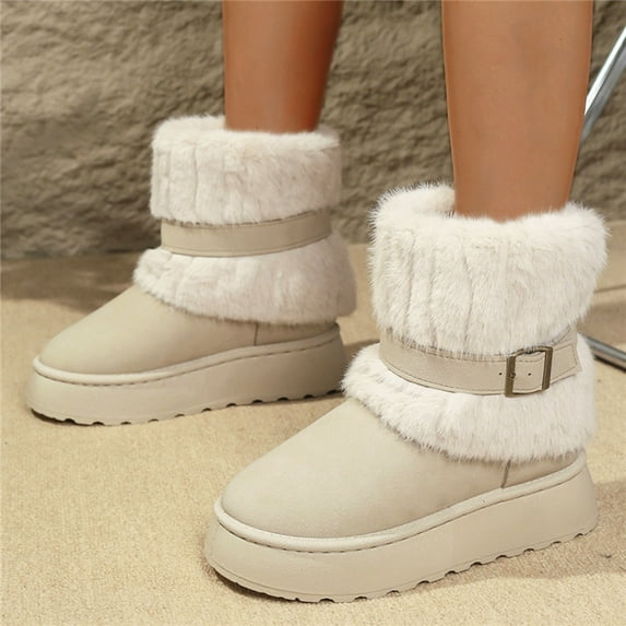 Cadancy Winter Boots for Women Suede Round Toe Thick Sole Fluffy Furry Mid Calf Snow Booties with Belt Buckle Trendy Cold Weather Plush Warm Boot Outdoor Walking Nonslip Shoes