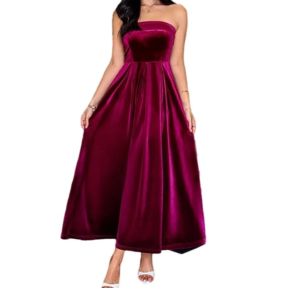 Cadancy Winter Cocktail Dresses for Women Strapless Off Shoulder Velvet Party Dress Maxi A Line Swing High Waist Elegant Wedding Guest Party Clothes