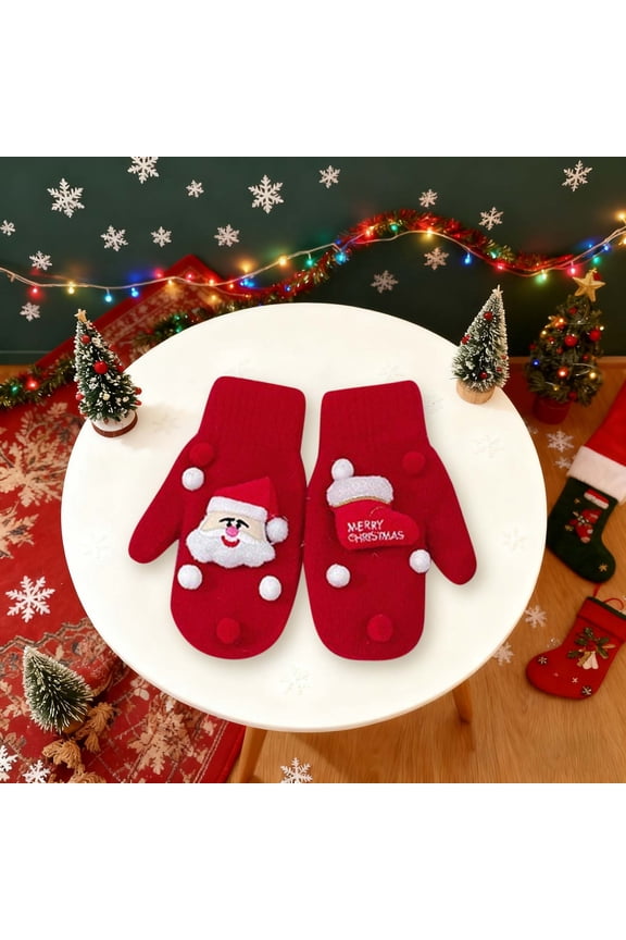 Winter Gloves Women Merry Christmas Gifts Cute Santa Claus Cartoon Fleece Cozy Mittens Elastic Cuffs Soft Full Finger Cold Weather Xmas Warm Gloves