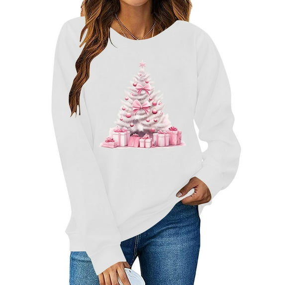 Cadancy Women Christmas Sweatshirt Xmas Tree Gift Graphic Long Sleeve Crewneck Sweatshirts Pullover Winter Loose Party Funny Tops 2025 Holiday Outfits