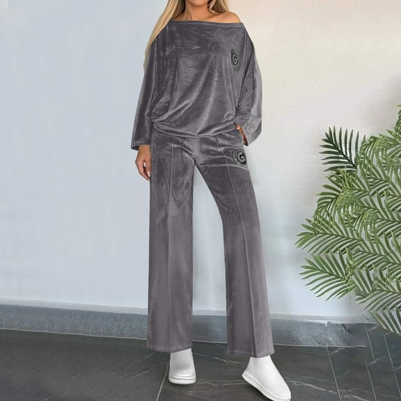 Cadancy Women Lounge Set Long Sleeve Velvet Soft Off Shoulder Tops Wide Leg High Waisted Pants Comfy Winter Loungewear 2 Piece Outfits Trendy Sweatsuits 2025