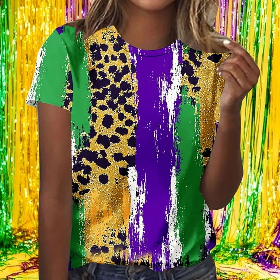 Cadancy Women Mardi Gras Shirt Carnival Rave Party Pullover Round Neck Short Sleeve Tops Cozy Casual Loose Holiday Print Tee Shirts Trendy Outfits