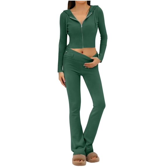 Cadancy Women Matching Set Fall Long Sleeve Knitted Cropped Zip Up Hoodies High Waisted Tight Pants Slim Fitted Sweatsuits Comfy Trendy 2 Piece Outfits 2025