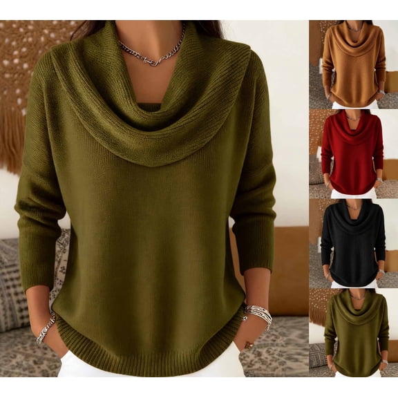 Cadancy Women Sweaters Cowl Neck Long Sleeve Dressy Casual Knitted Tops Casual Loose Solid Color Fashion Cozy Sweater Fall Winter Clothes