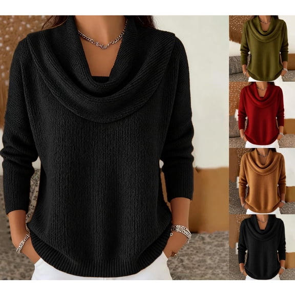 Cadancy Women Sweaters Cowl Neck Long Sleeve Dressy Casual Knitted Tops Casual Loose Solid Color Fashion Cozy Sweater Fall Winter Clothes