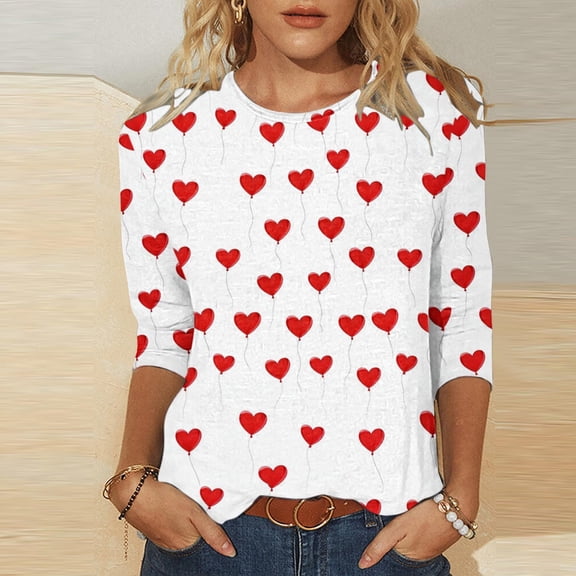 Cadancy Women Valentine Shirt Heart Print 3/4 Sleeve Plus Size Round Neck Tunic Tops Loose Fit Lounge Trendy Cute Tees Valentines Day Shirts Outfits