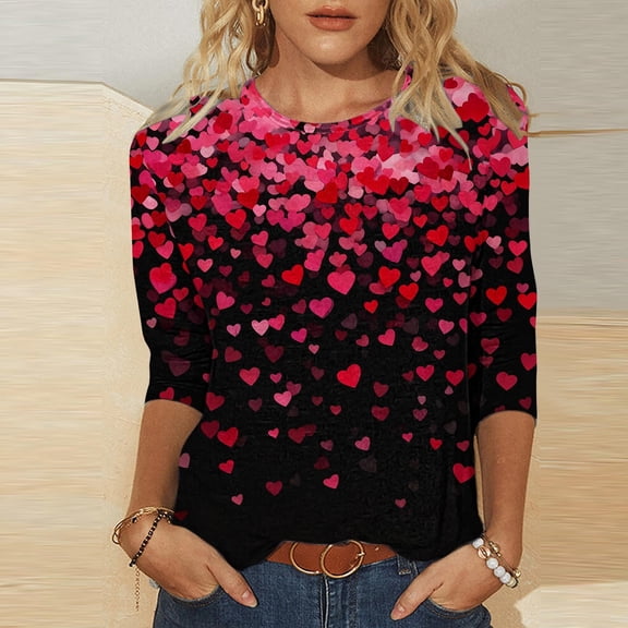 Cadancy Women Valentine Shirt Heart Print 3/4 Sleeve Plus Size Round Neck Tunic Tops Loose Fit Lounge Trendy Cute Tees Valentines Day Shirts Outfits