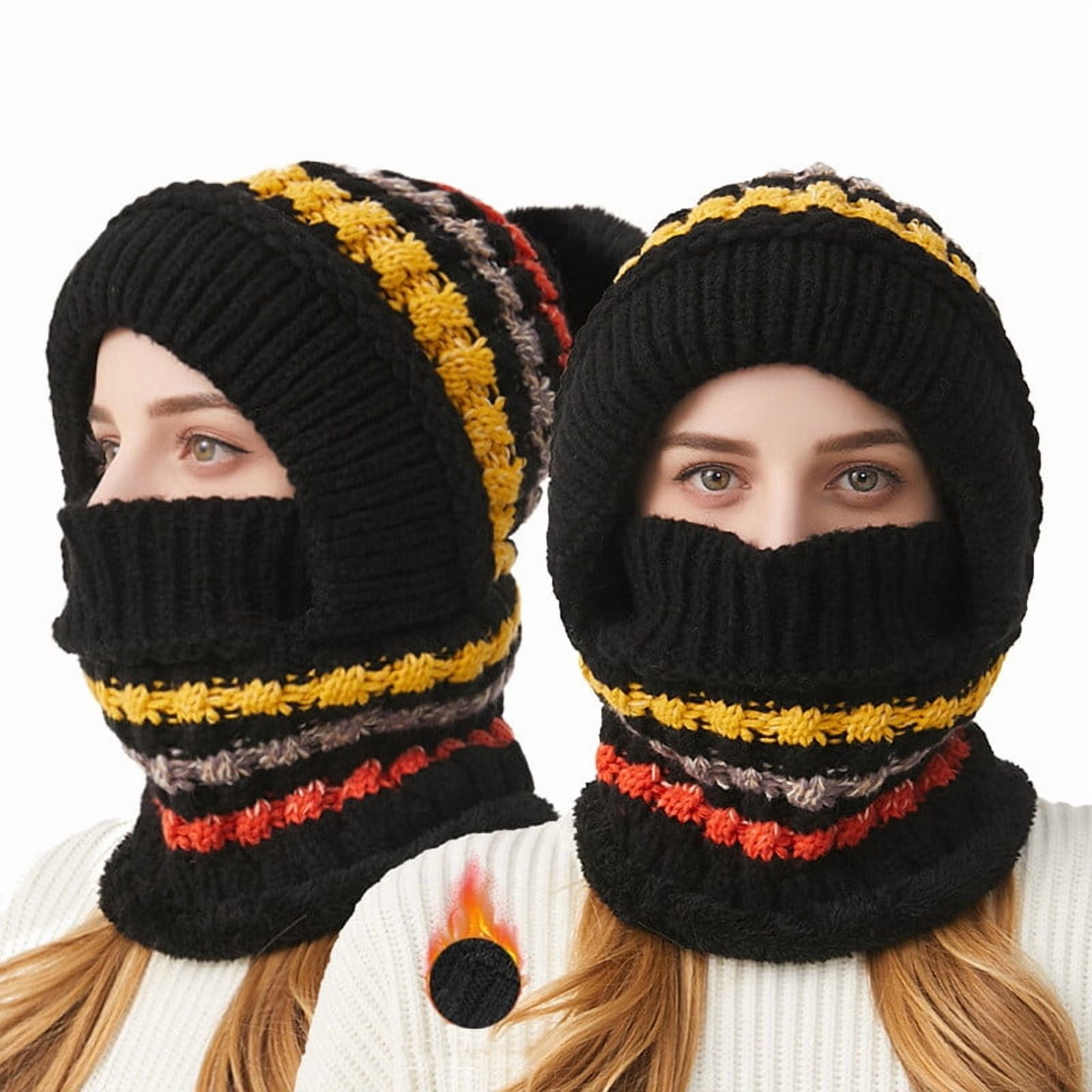 Cadancy Women Winter Hats 3 In 1 Beanie Hat with Scarf and Mask Chunky Knitted Color Block Snow Caps Pompom Cute Warm Stocking Cap Windproof Cozy Cold Weather Balaclava