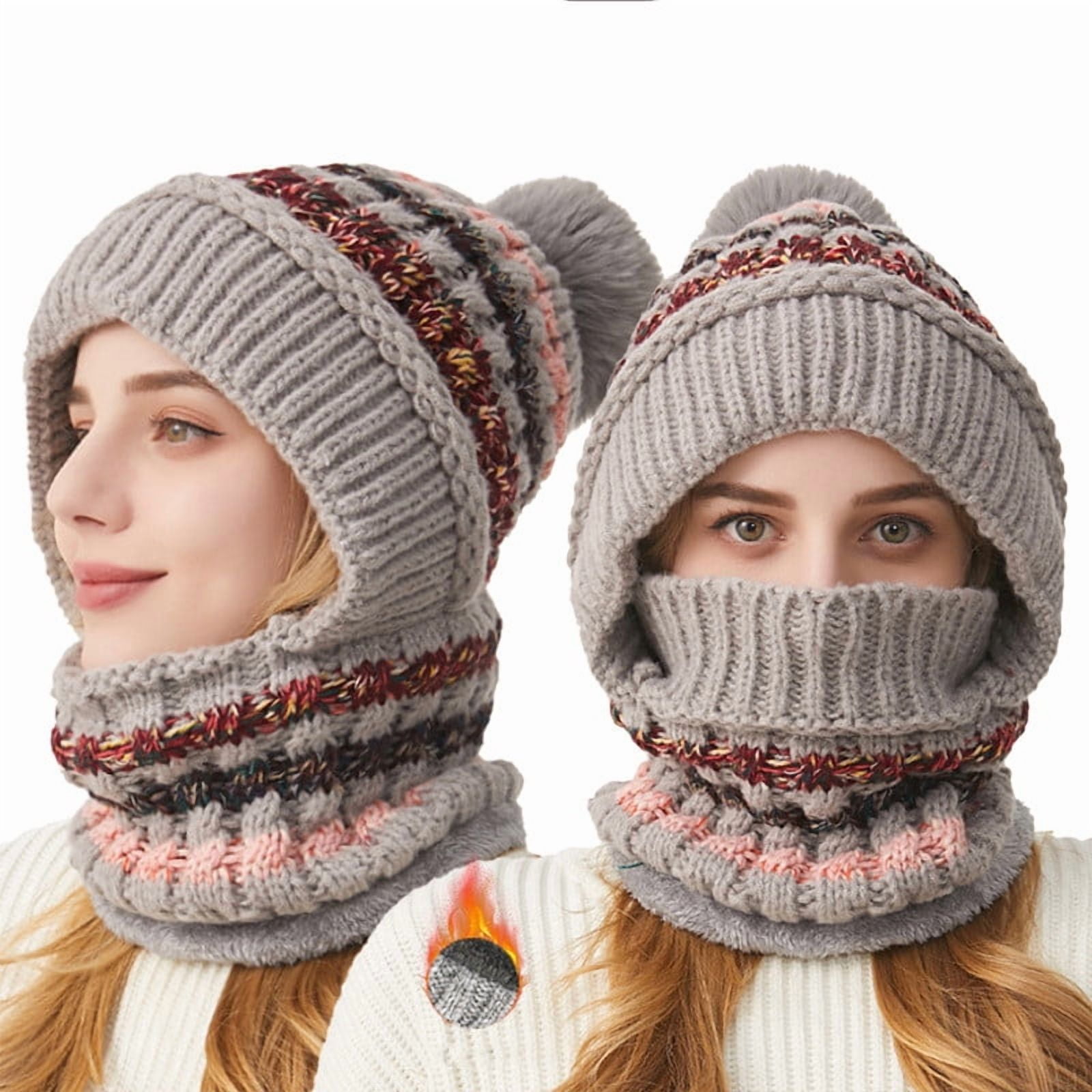 Cadancy Women Winter Hats 3 In 1 Beanie Hat with Scarf and Mask Chunky Knitted Color Block Snow Caps Pompom Cute Warm Stocking Cap Windproof Cozy Cold Weather Balaclava