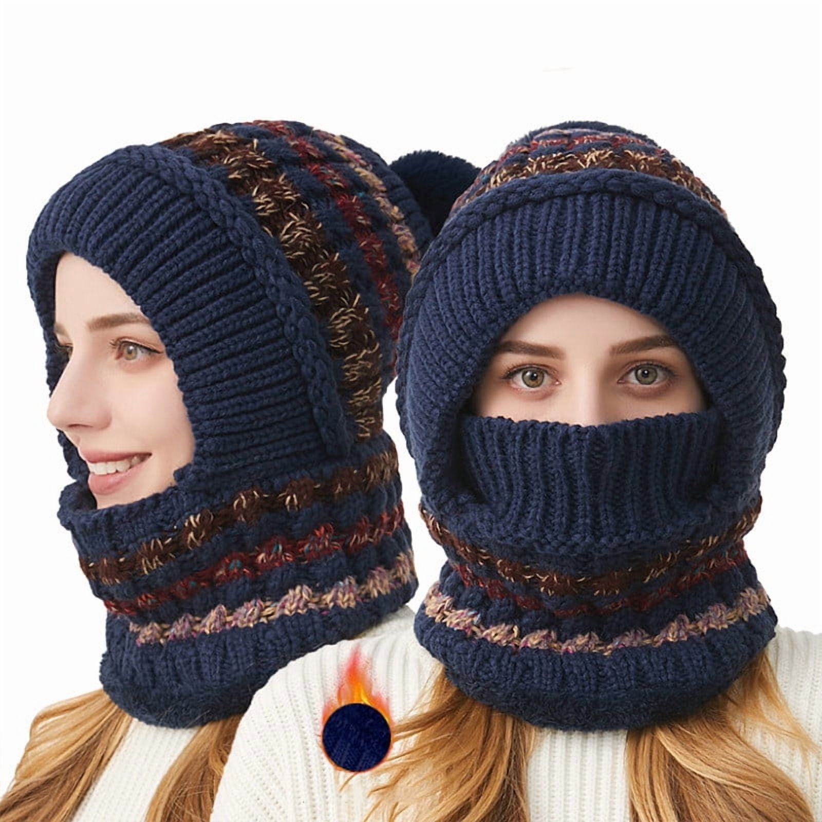 Cadancy Women Winter Hats 3 In 1 Beanie Hat with Scarf and Mask Chunky Knitted Color Block Snow Caps Pompom Cute Warm Stocking Cap Windproof Cozy Cold Weather Balaclava